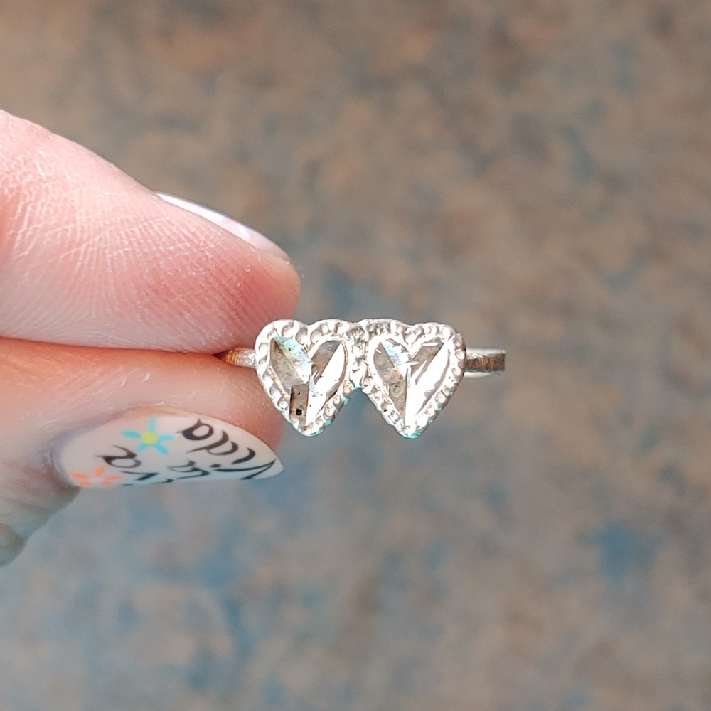 Sterling Double Hearts Diamond Cut Ring Size 7